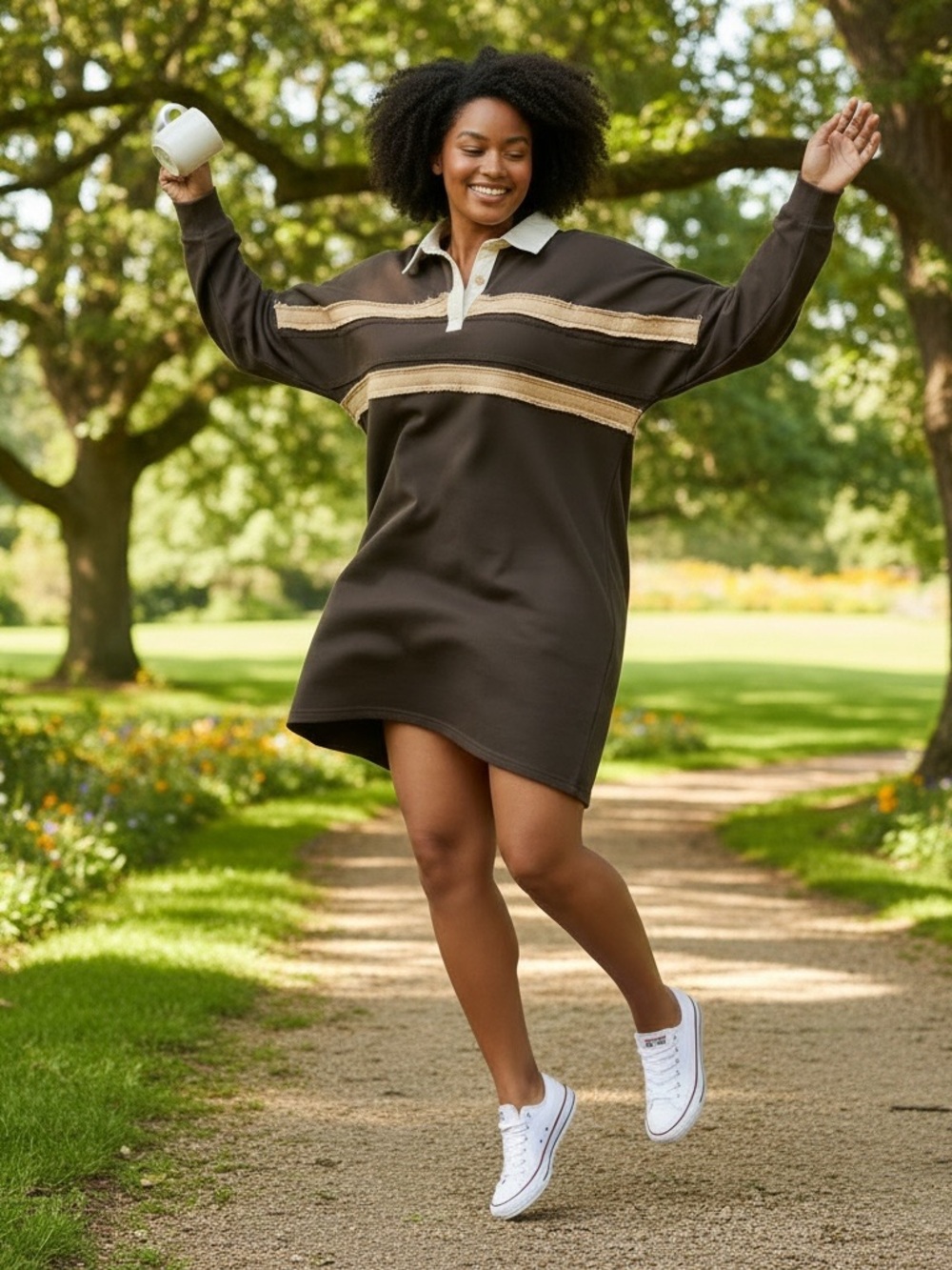 Relaxed Brown Stripe Polo Dress - Women's